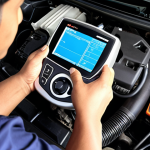 **Prompt:** A Malaysian mechanic diagnosing a car engine with an OBD-II scanner, showing the digital display with error codes. Focus on the tools and the engine bay.