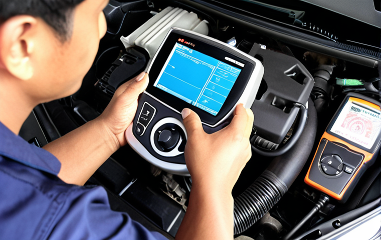 **Prompt:** A Malaysian mechanic diagnosing a car engine with an OBD-II scanner, showing the digital display with error codes. Focus on the tools and the engine bay.