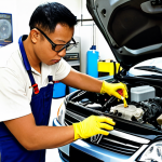 **Image Prompt:** A well-organized garage workshop with a mechanic wearing safety glasses and gloves, checking the engine oil level of a Proton Saga (Malaysian car brand) using a dipstick. Various tools and spare parts are neatly arranged in the background. The overall scene should convey safety and competence.
