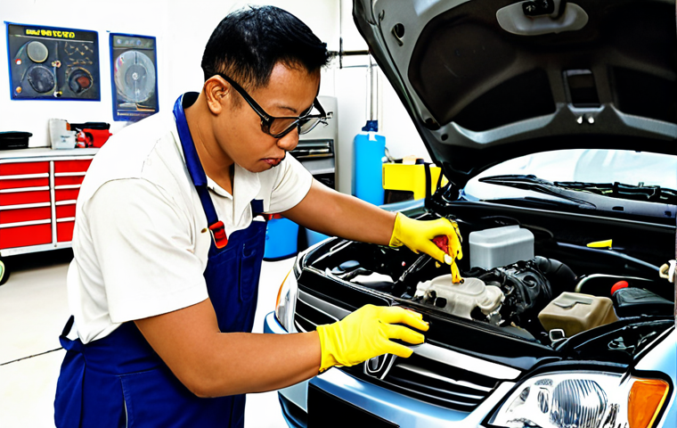 **Image Prompt:** A well-organized garage workshop with a mechanic wearing safety glasses and gloves, checking the engine oil level of a Proton Saga (Malaysian car brand) using a dipstick. Various tools and spare parts are neatly arranged in the background. The overall scene should convey safety and competence.