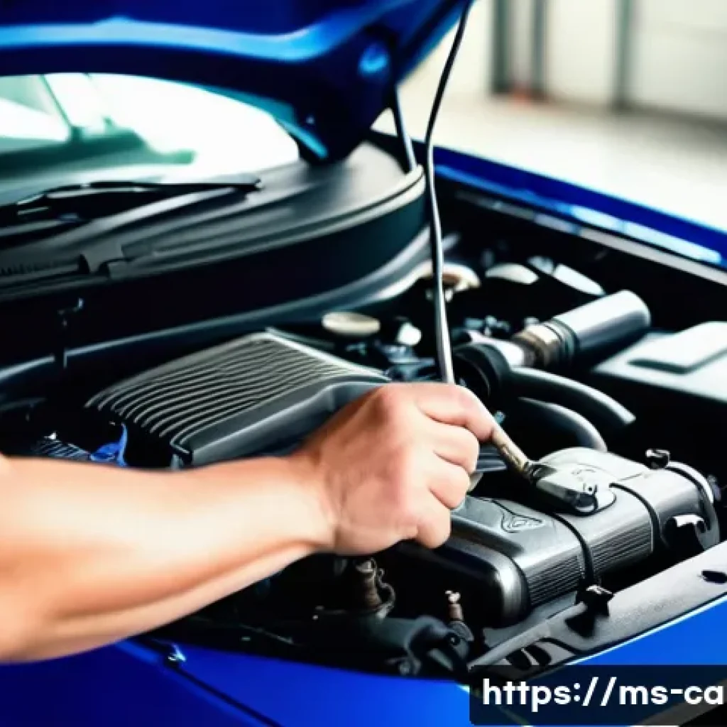 자동차정비 실무에서 자주 발생하는 문제 - A detailed close-up of a car engine bay showing an experienced mechanic inspecting a suspicious knoc...