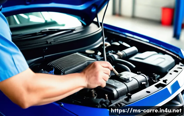 자동차정비 실무에서 자주 발생하는 문제 - A detailed close-up of a car engine bay showing an experienced mechanic inspecting a suspicious knoc...