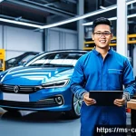 자동차정비기사 경력 관리 방법 - A modern automotive workshop scene featuring a skilled Malay male technician in his late 20s wearing...