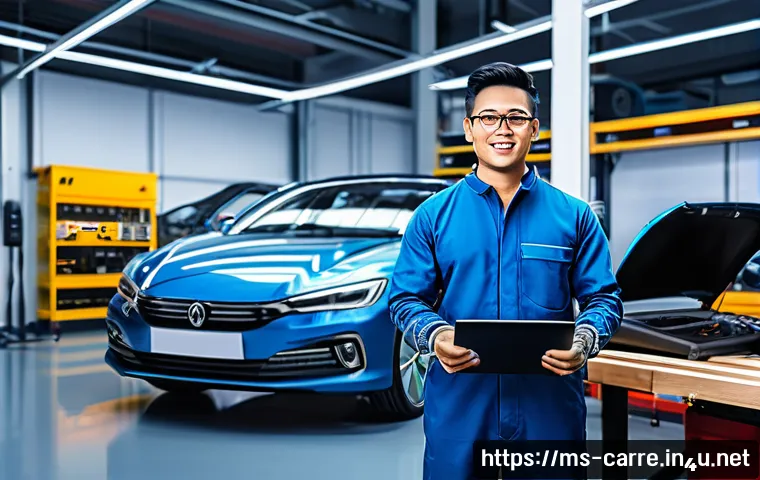 자동차정비기사 경력 관리 방법 - A modern automotive workshop scene featuring a skilled Malay male technician in his late 20s wearing...