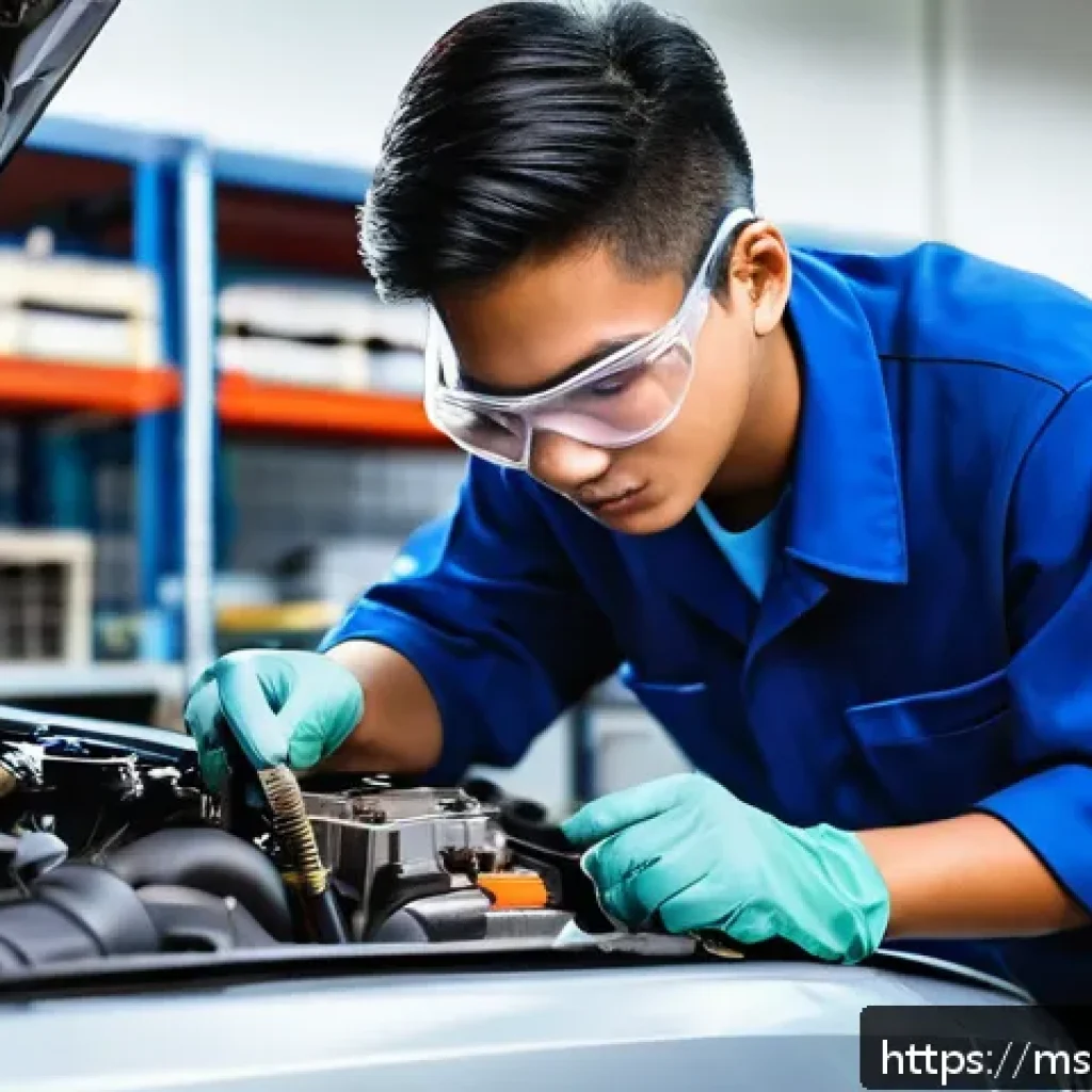 자동차정비 실기시험 불합격 원인 분석 - A detailed workshop scene featuring a young Malay male automotive student wearing safety goggles, gl...
