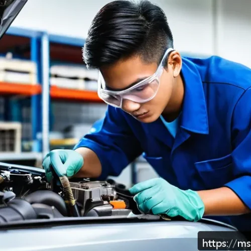 자동차정비 실기시험 불합격 원인 분석 - A detailed workshop scene featuring a young Malay male automotive student wearing safety goggles, gl...