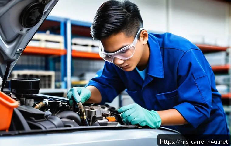 자동차정비 실기시험 불합격 원인 분석 - A detailed workshop scene featuring a young Malay male automotive student wearing safety goggles, gl...
