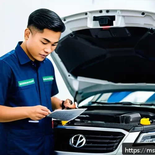 자동차정비 기술 향상을 위한 자격증 추천 - A professional Malaysian automotive technician wearing a clean, branded uniform with a visible offic...